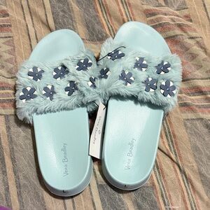 Vera Bradley Sky Blue Furry Floral Slides